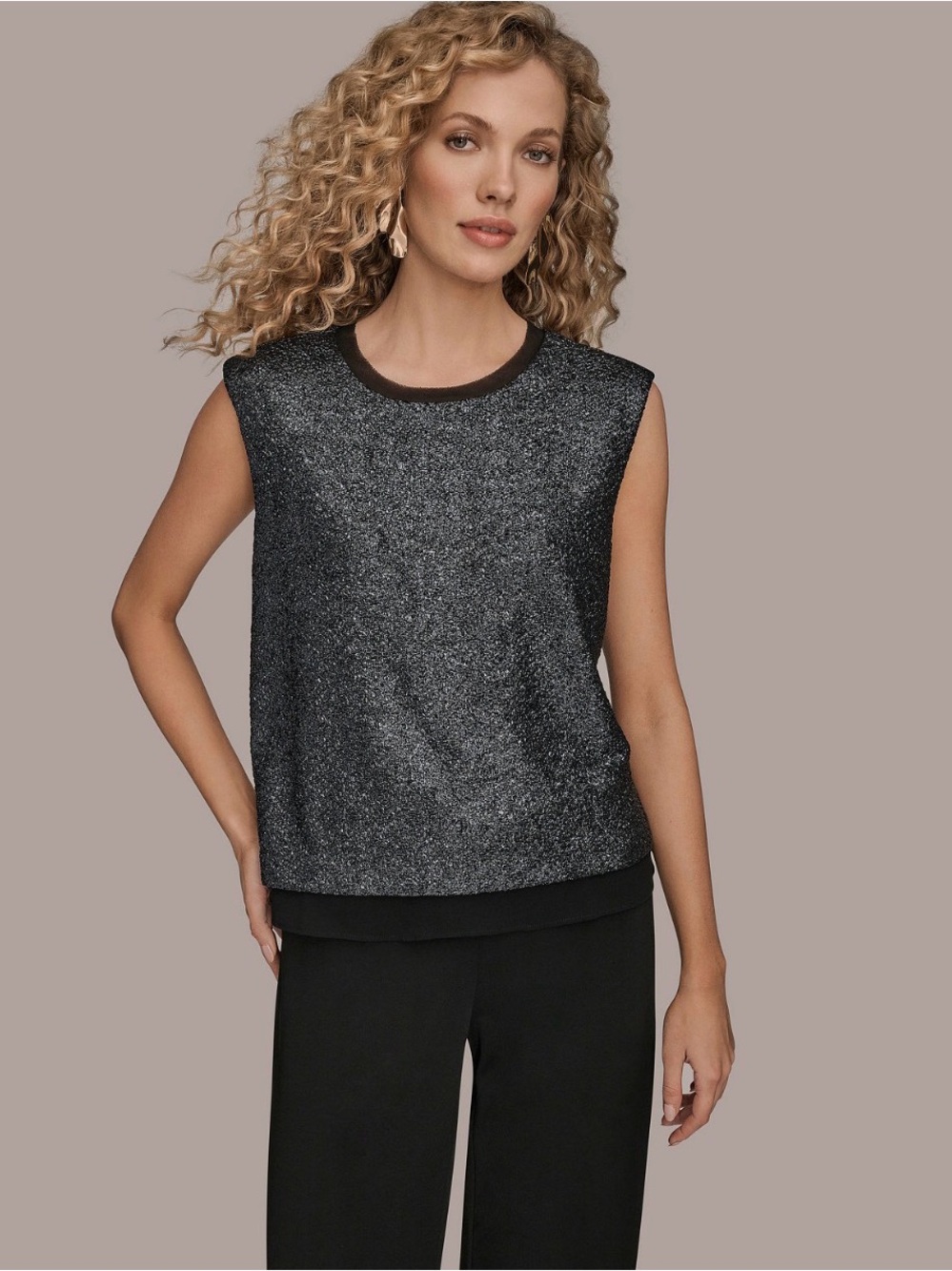 Dkny Black Metallic Knit Sleeveless Tank